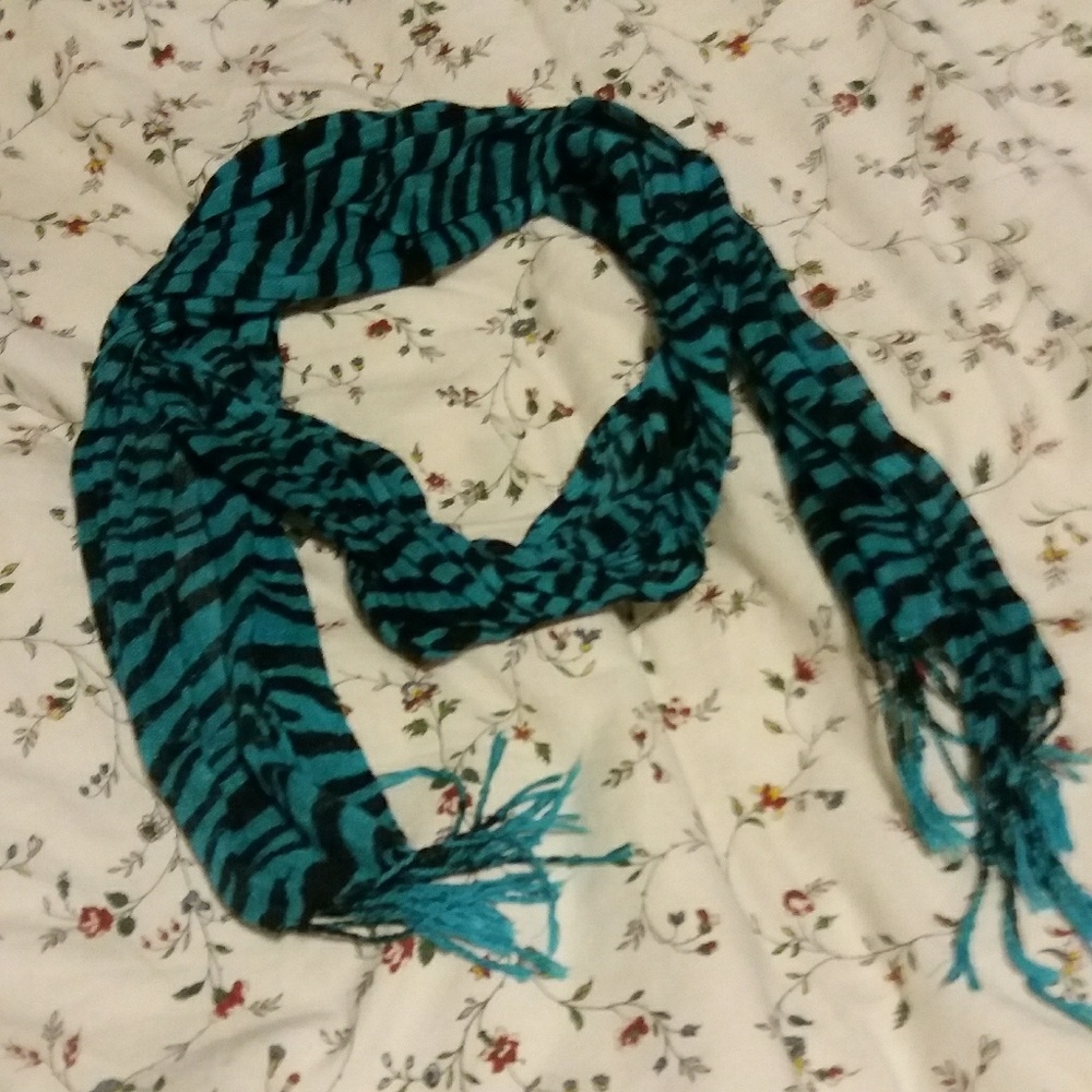 Teal blue zebra stripe thin tassel fringe scarf - Picture 2 of 5